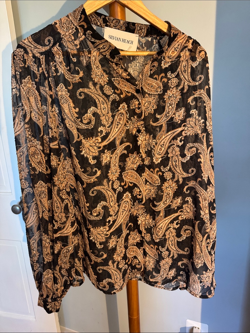 Black Paisley Print Long-Sleeve Blouse